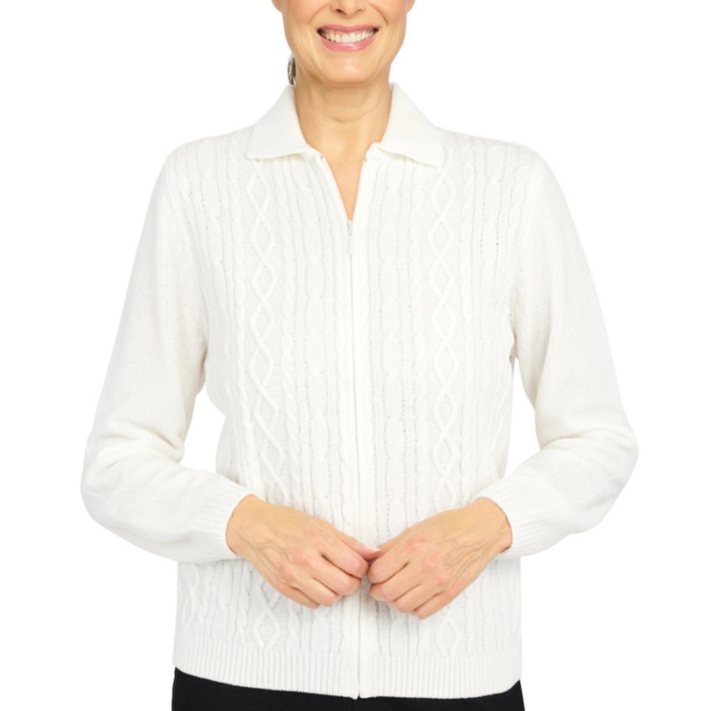 ALFRED DUNNER Classic Cable Knit Zip-Front Chenille Cardigan Ivory Size L